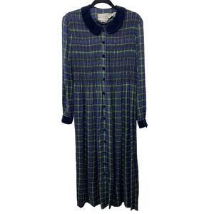 Vtg Karin Stevens Plaid Smocked Dress Long Sleeve Velvet Dark Academia Teacher